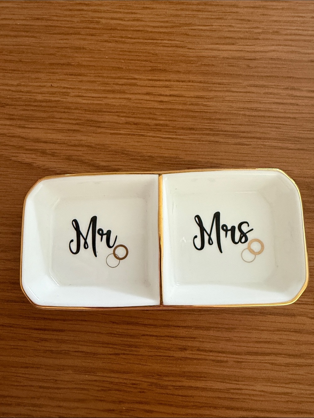 Mr & Mrs Ceramic Ring Dish Set - White with Gold Accents